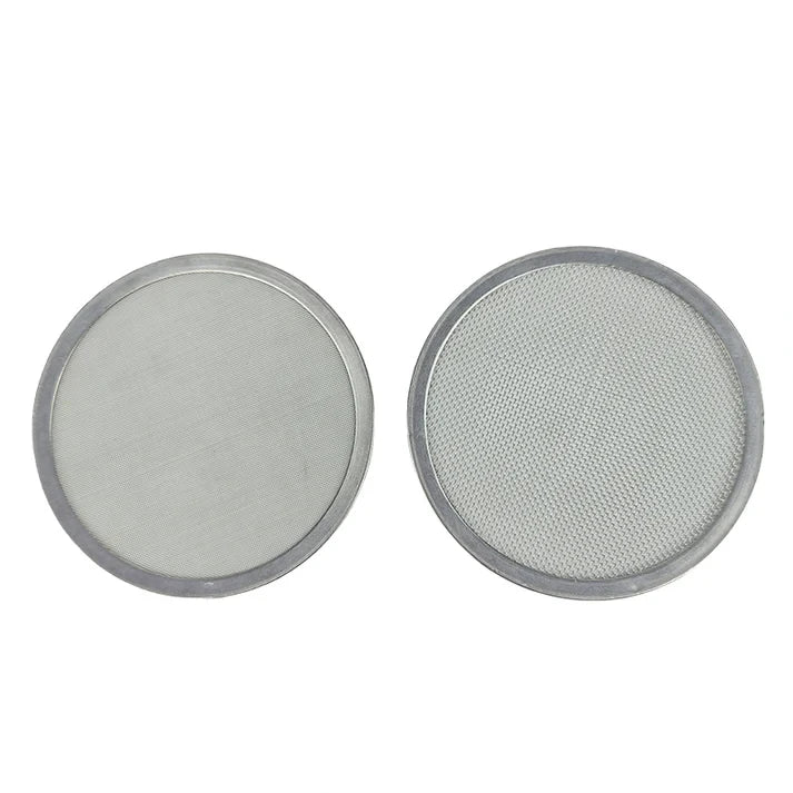 Two circular 304 stainless steel filter discs with wrapped metal borders for industrial filtration