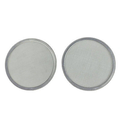 Two circular 304 stainless steel filter discs with wrapped metal borders for industrial filtration