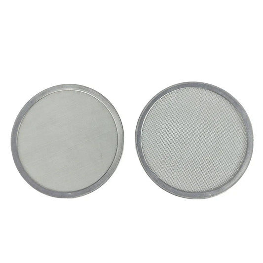 Two circular 304 stainless steel filter discs with wrapped metal borders for industrial filtration